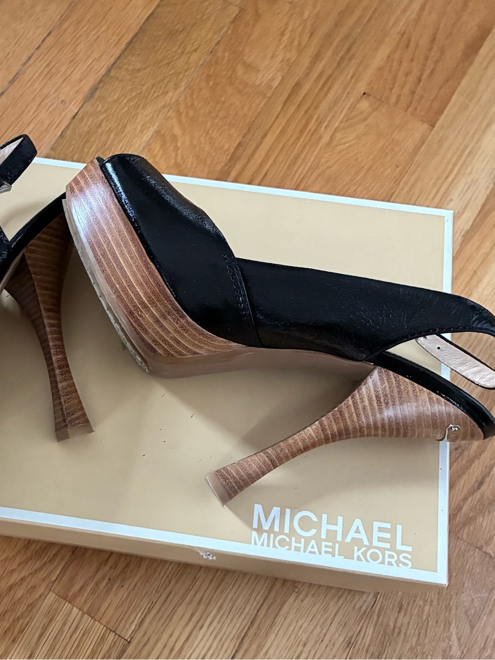 Michael Kors Black Leather Slingback Platform Heels with Wood-Look Stacked Heel
